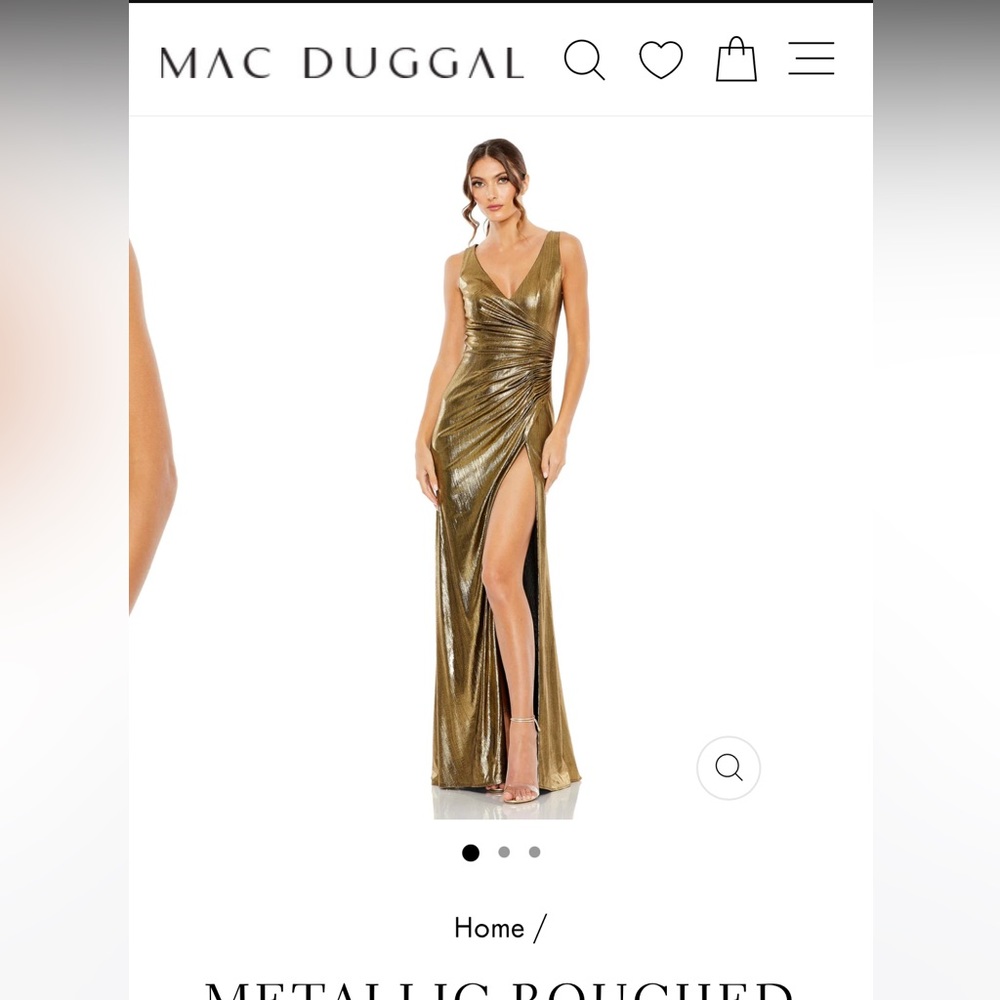 Mac Duggal METALLIC ROUCHED DETAIL FRONT SLIP V NECK GOWN